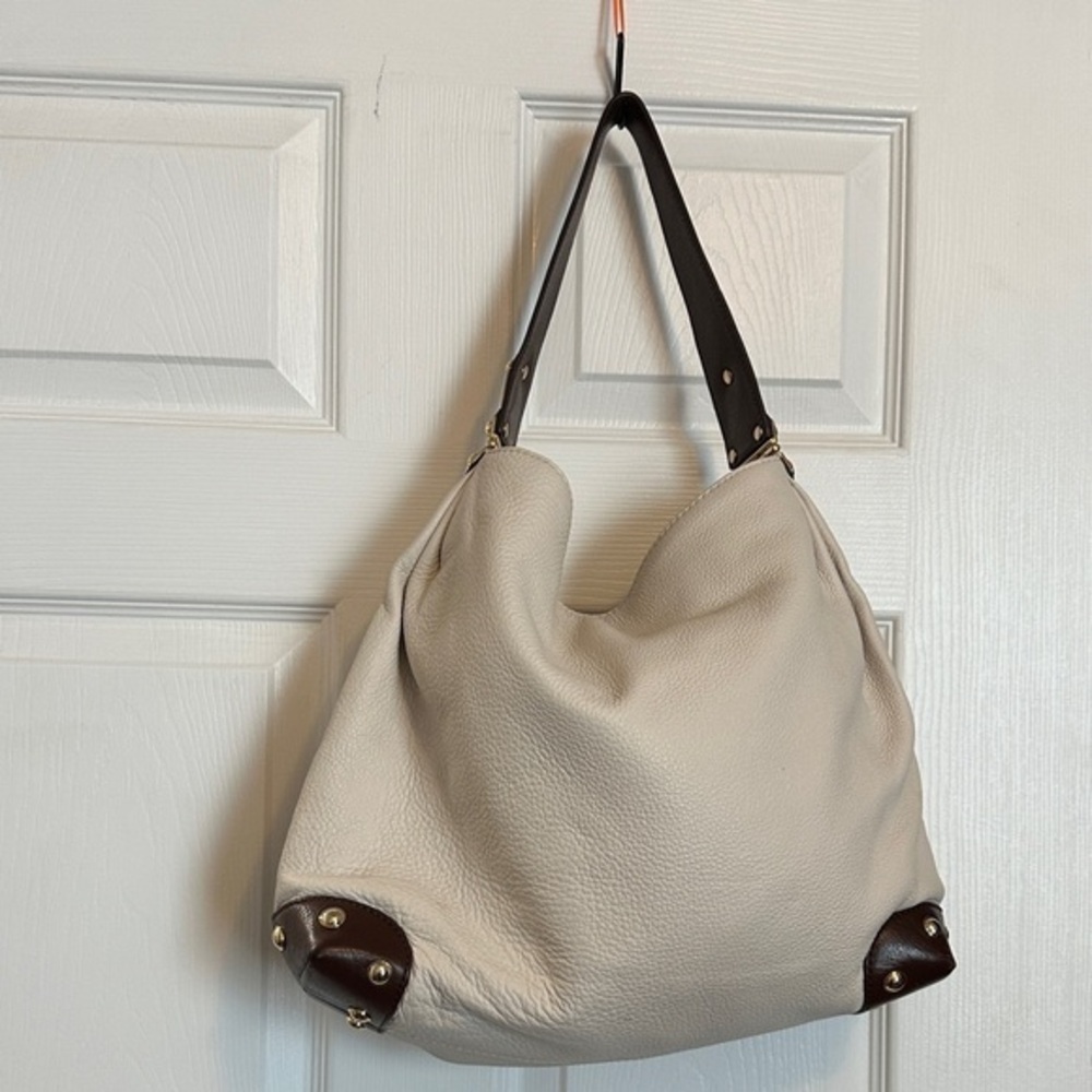 MICHAEL Michael Kors Bedford Cream and Brown Hobo Bag Gold Hardware Soft Leather